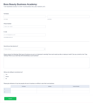 Boss Beauty Academy 7 Day Course: New Customer Registration Form Template