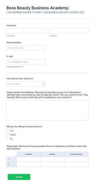 Boss Beauty Academy 7 Day Course: New Customer Registration Form Template
