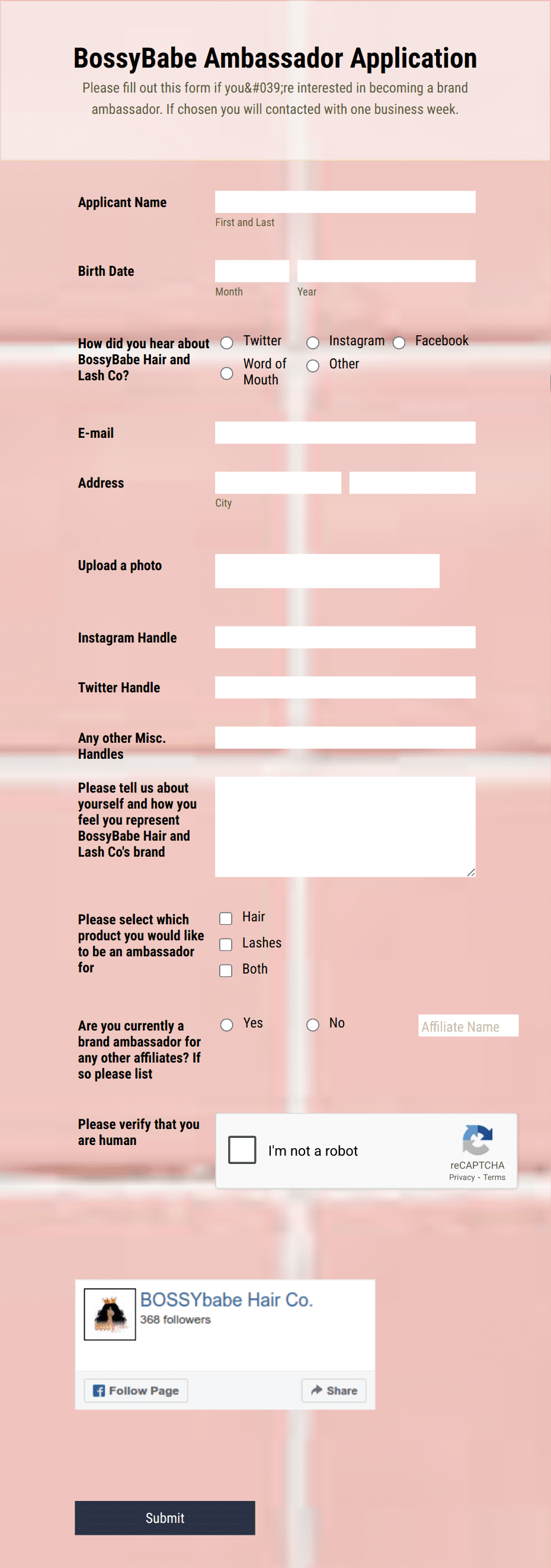 BossyBabe Hair and Lash Co Brand Ambassador Application Form Template