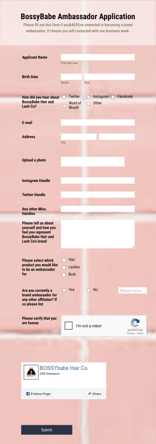 BossyBabe Hair And Lash Co Brand Ambassador Application Form Template