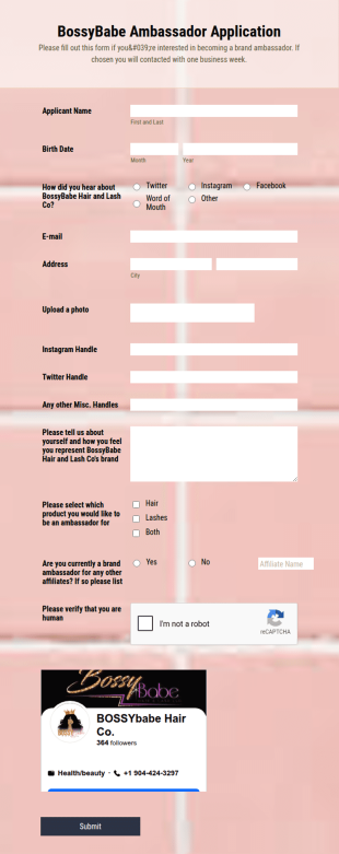 BossyBabe Hair And Lash Co Brand Ambassador Application Form Template