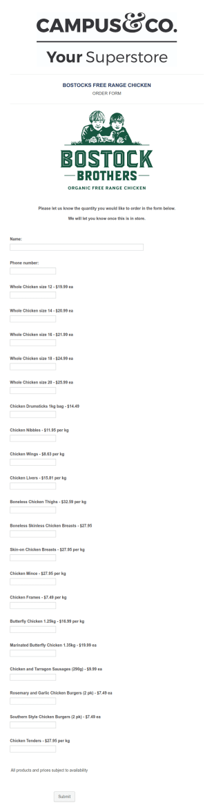 Bostocks Order Form Template