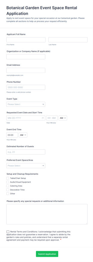 Botanical Garden Event Space Rental Application Form Template
