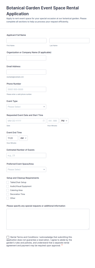 Botanical Garden Event Space Rental Application Form Template