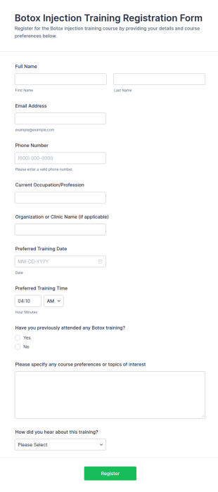 Botox Injection Training Registration Form Template