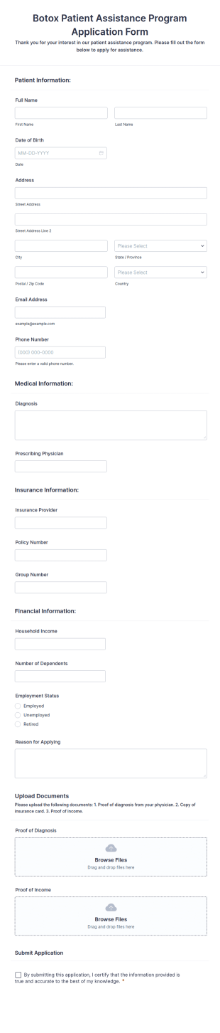 Botox Patient Assistance Program Application Form Template