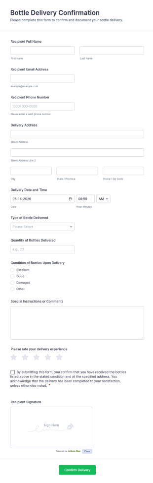 Bottle Delivery Confirmation Form Template