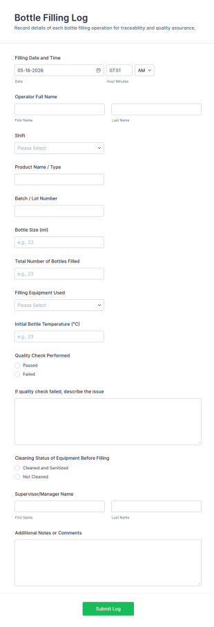 Bottle Filling Log Form Template