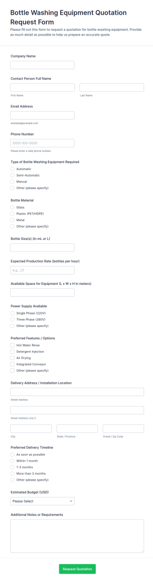 Bottle Washing Equipment Quotation Request Form Template
