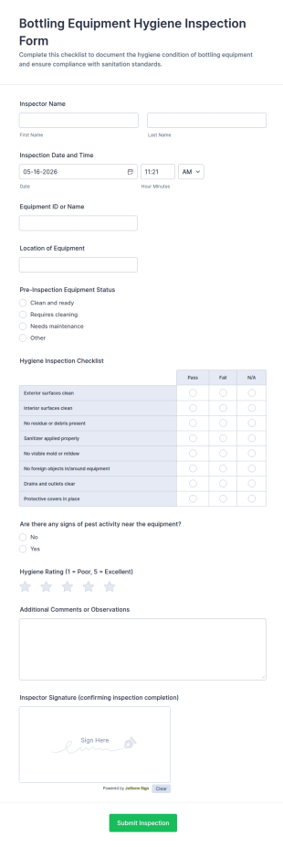 Bottling Equipment Hygiene Inspection Form Template