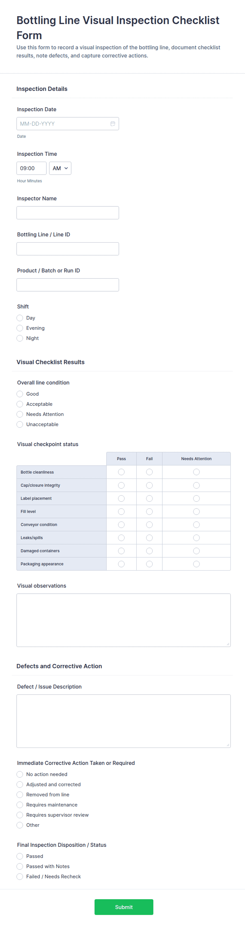 Bottling Rework Form Bottling Line Visual Inspection Checklist Form Template | Jotform