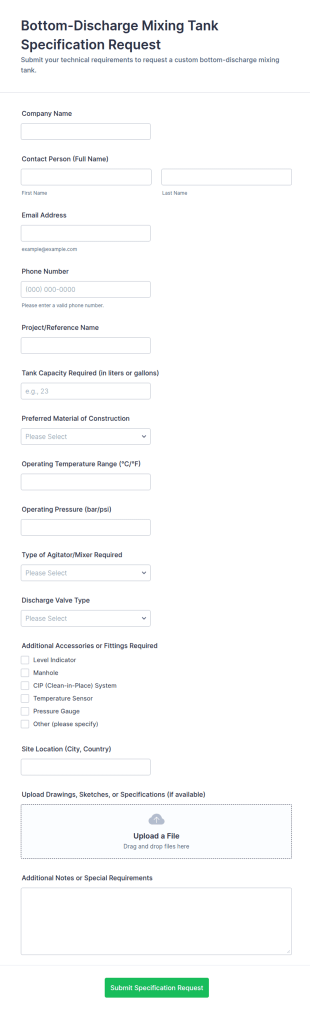 Bottom Discharge Mixing Tank Specification Request Form Template