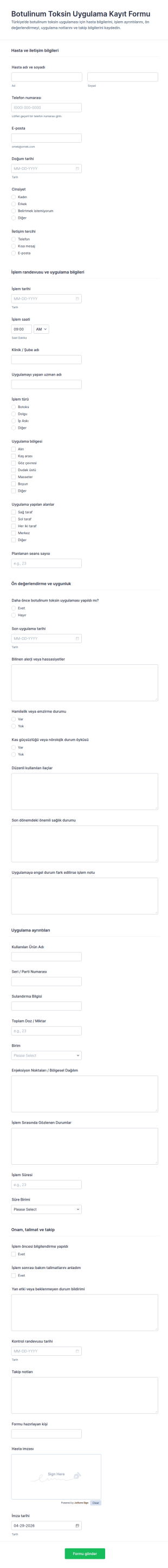 Botulinum Toksin Tedavi Kaydı Form Şablonu