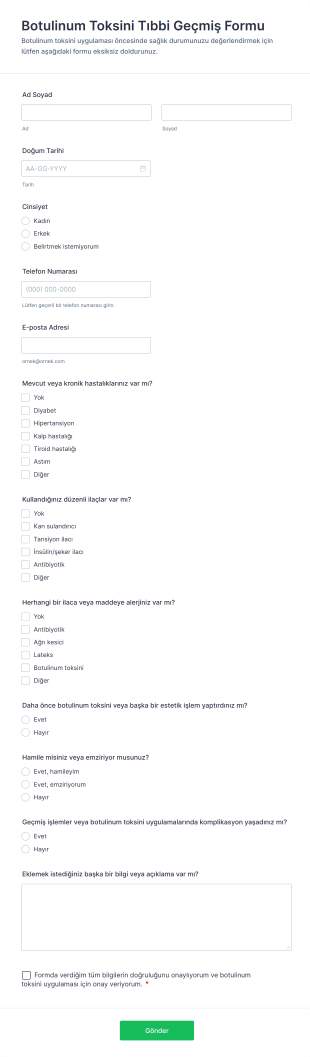 Botulinum Toksini Tıbbi Geçmiş Form Şablonu