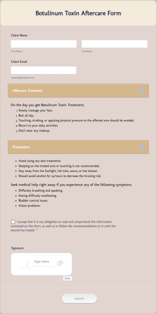 Botulinum Toxin Aftercare Form Template