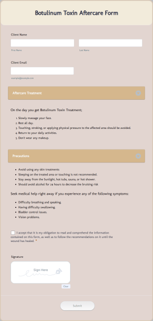Botulinum Toxin Aftercare Form Template