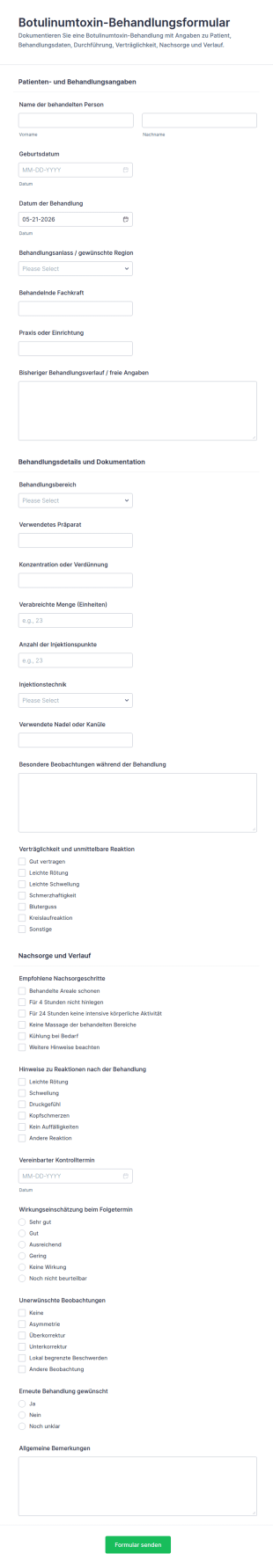 Botulinumtoxin Behandlungsformular