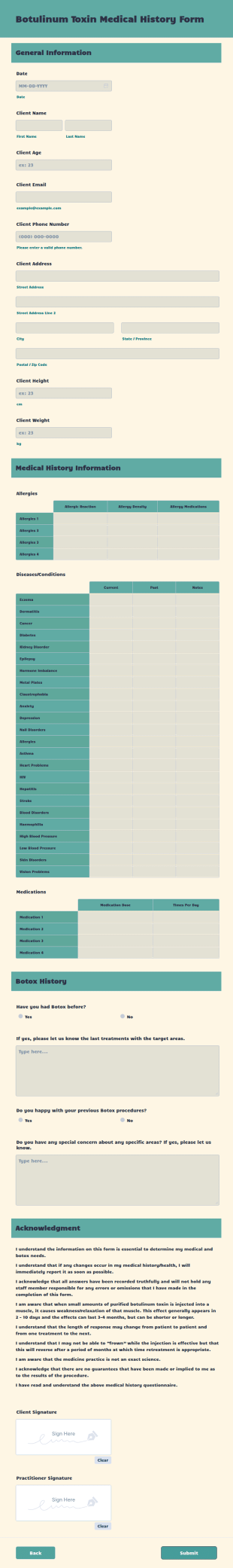 Botulinum Toxin Medical History Form Template