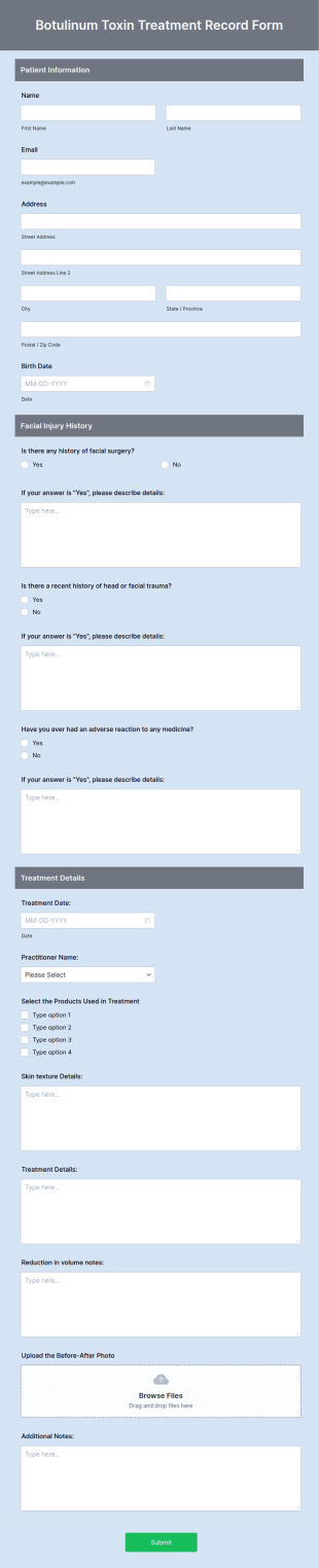 Botulinum Toxin Treatment Record Form Template