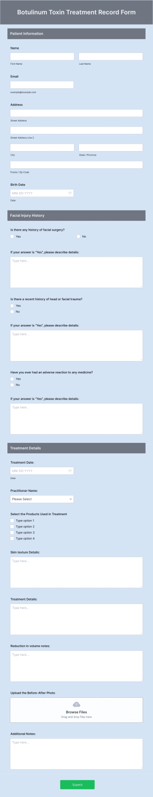 Botulinum Toxin Treatment Record Form Template