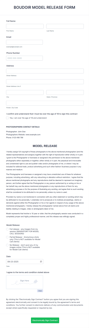 Boudoir Model Release Form Template