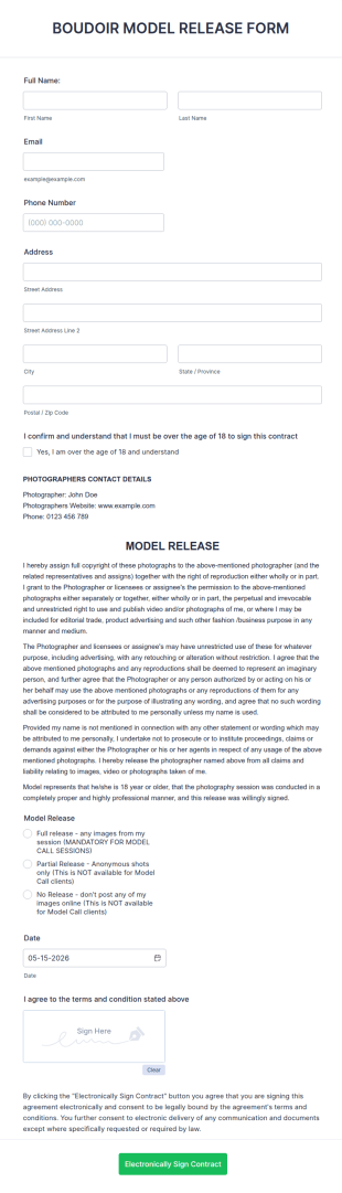 Boudoir Model Release Form Template