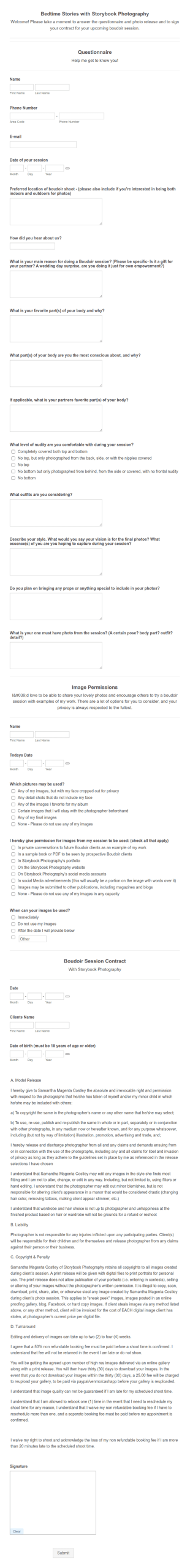 Boudoir Photography Consent Form Template