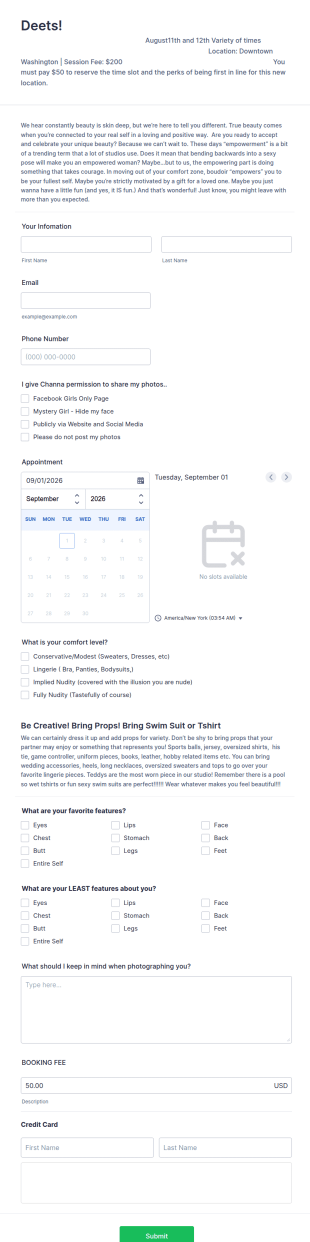 Boudoir Photography Application Form Template