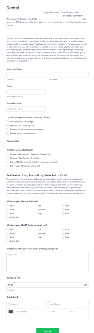 Boudoir Photography Application Form Template