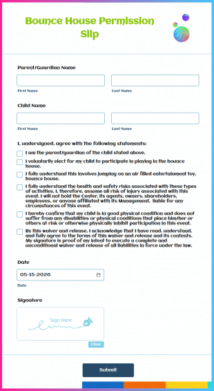 Bounce House Permission Slip Form Template