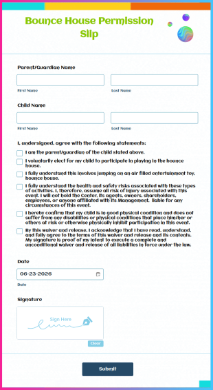 Bounce House Permission Slip Form Template