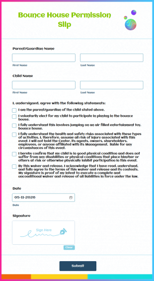 Bounce House Permission Slip Form Template