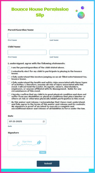 Bounce House Permission Slip Form Template