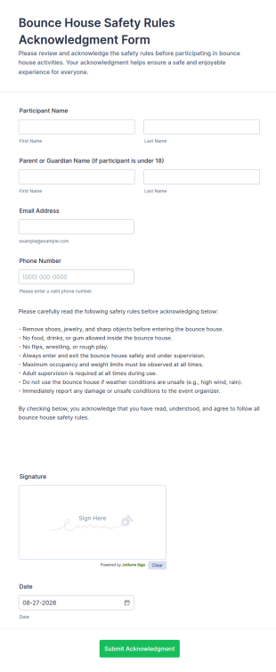 Bounce House Safety Rules Acknowledgment Form Template