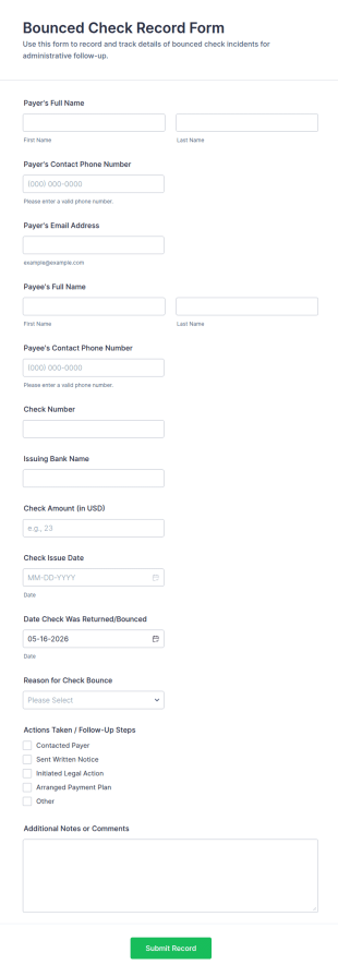 Bounced Check Record Form Template