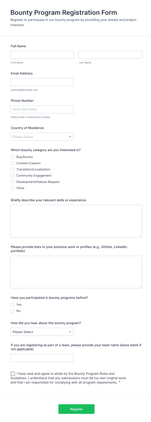 Bounty Program Registration Form Template