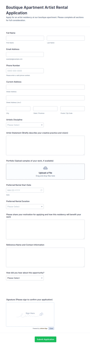Boutique Apartment Artist Rental Application Form Template