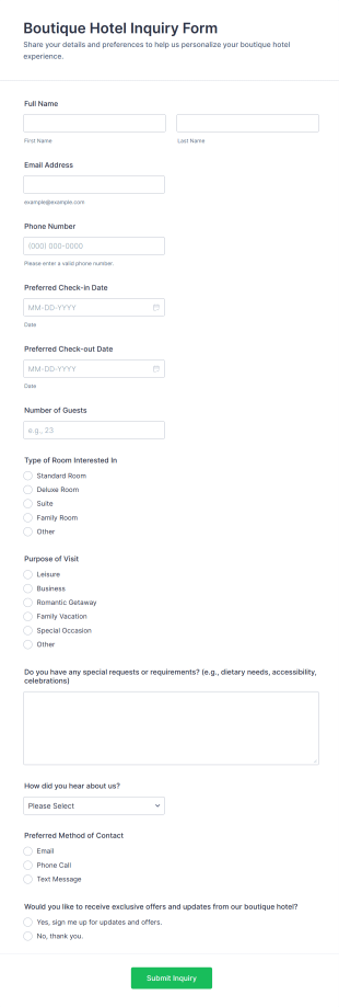 Boutique Hotel Inquiry Form Template