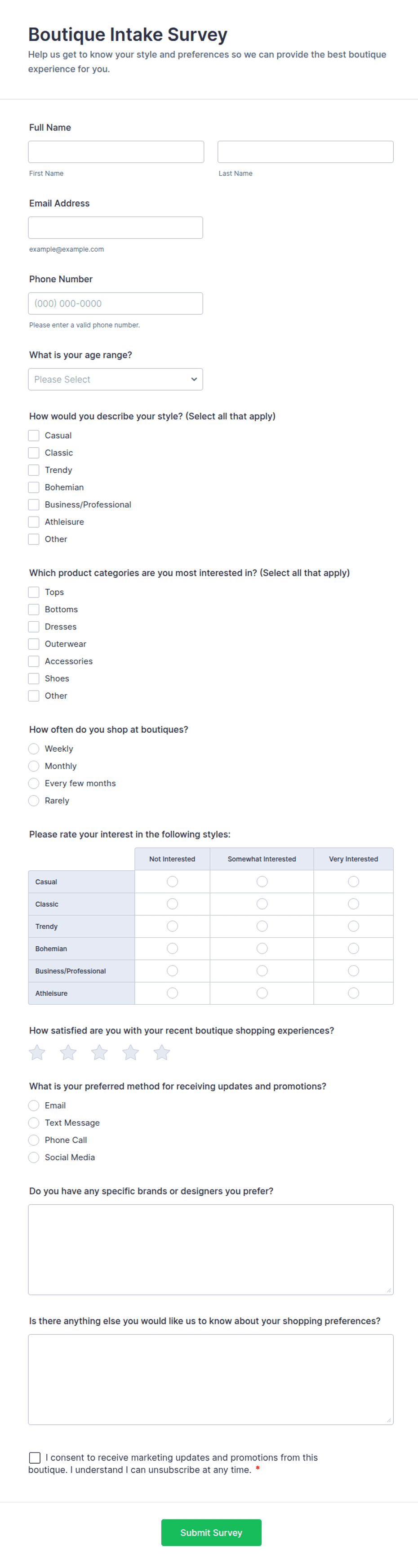 Boutique Intake Survey Form Template | Jotform