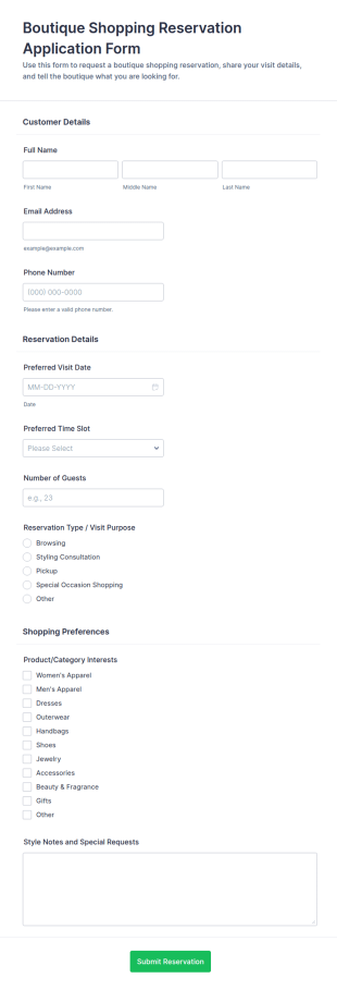 Boutique Shopping Reservation Application Form Template