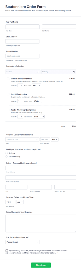 Boutonniere Order Form Template