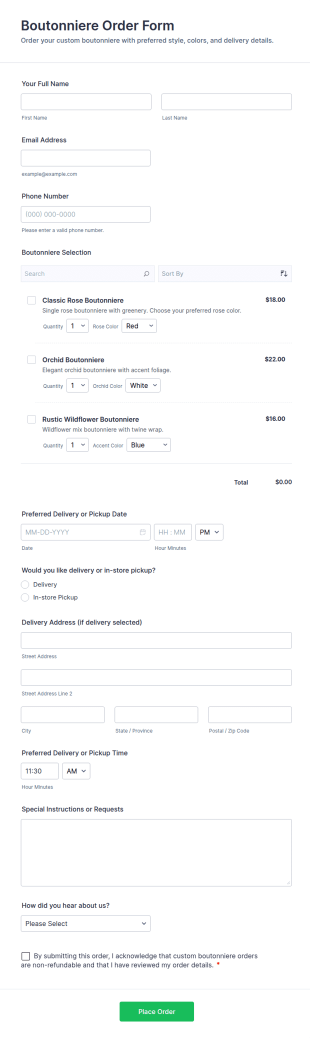 Boutonniere Order Form Template