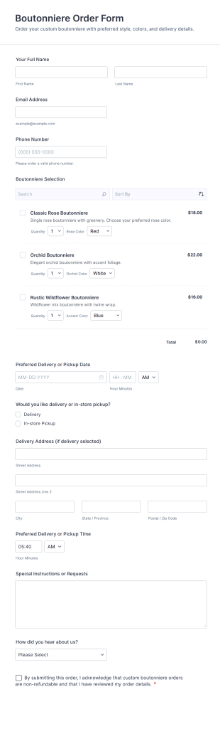 Boutonniere Order Form Template
