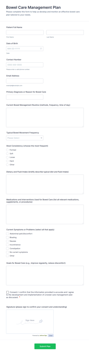 Bowel Care Management Plan Form Template