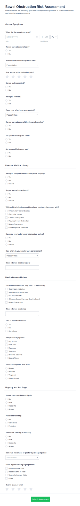 Bowel Obstruction Risk Assessment Form Template