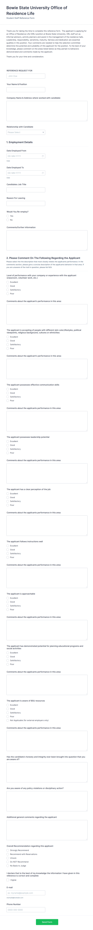 Student Staff Reference Request Form Template