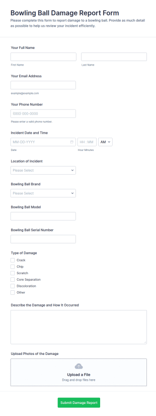 Bowling Ball Damage Report Form Template