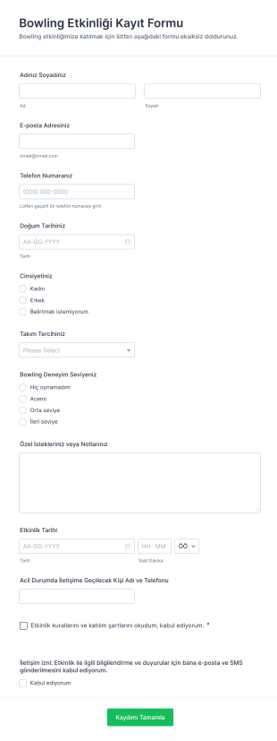 Bowling Etkinliği Kayıt Form Şablonu