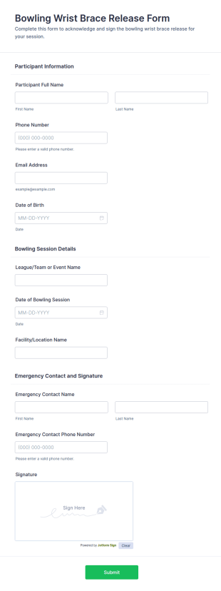 Bowling Wrist Brace Release Form Template