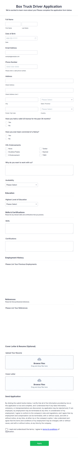 Box Truck Driver Application Form Template